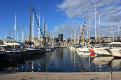 Boats moored at harbor