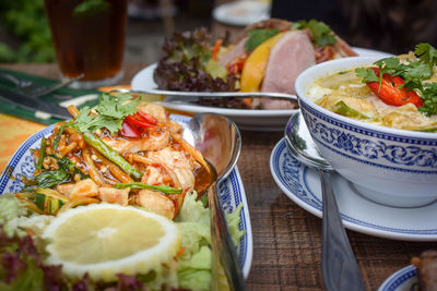 Close-up of food served on table