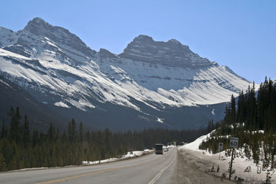 Panoramic view of snowcapped mountains against clear sky