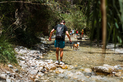 Man walking down river with dog in forest