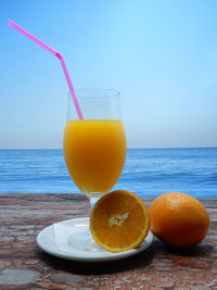 Fruits in glass on table against sea