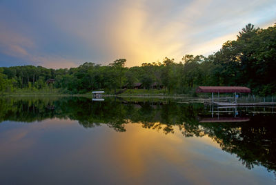 Scenic view of lake against sky at sunset