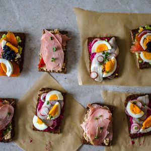 High angle view of various food on table