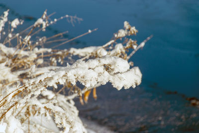 High angle view of snow on frozen lake