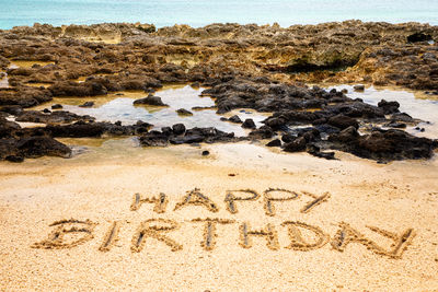 High angle view of text on beach