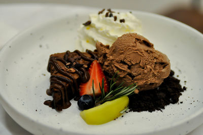 Close-up of chocolate cake in plate