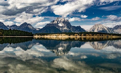 Scenic view of lake by mountains against sky