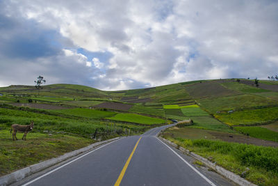 Country road on grassy field against cloudy sky