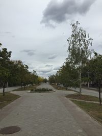 Footpath amidst trees in park against sky