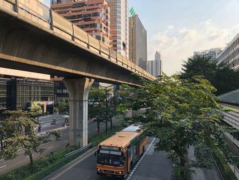 Cars on road amidst buildings against sky in city