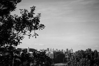 Silhouette trees and buildings against sky