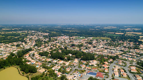 High angle view of townscape against clear sky