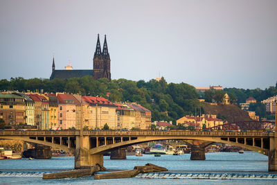 Bridge over river against buildings in city