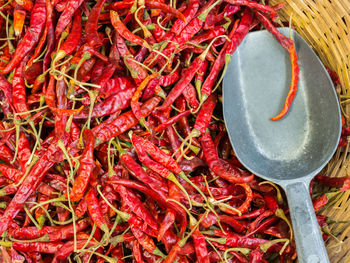 High angle view of red chili peppers in market