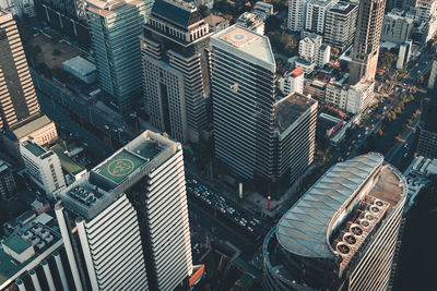 High angle view of modern buildings in city