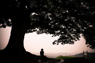 Rear view of silhouette man standing by tree against sky