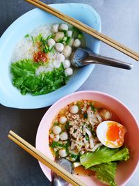 High angle view of salad in bowl on table