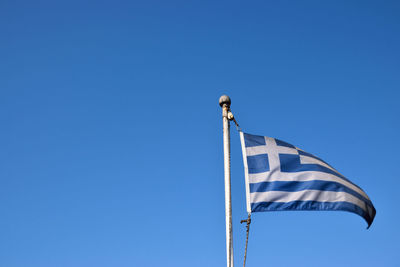 Low angle view of flag against clear blue sky