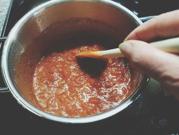 High angle view of person preparing food in kitchen