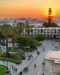 High angle view of people at town square during sunset at arequipa 