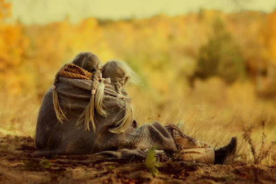 Lovely sisters are sitting, wrapped in a warm blanket, looking into the distance, in an autumn park