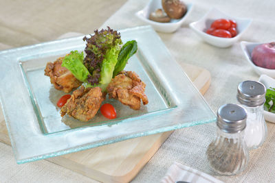 High angle view of food in plate on table