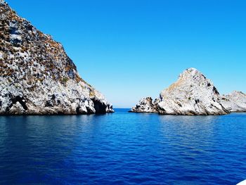 Scenic view of calm sea against clear blue sky