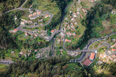 High angle view of road amidst trees