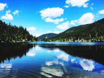 Scenic view of lake by trees against blue sky