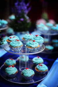 Close-up of blue cupcakes on table