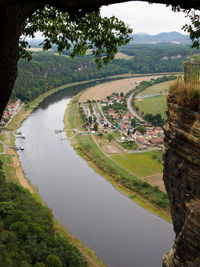 High angle view of lake along landscape