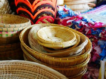 High angle view of wicker basket on table