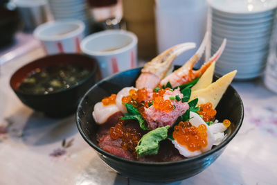 Close-up of meal served in bowl on table