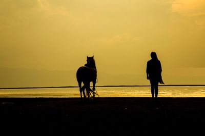 Silhouette people riding horse on sea shore against sky during sunset