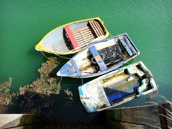 High angle view of abandoned boat moored at lake