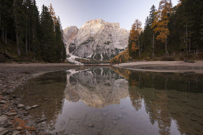 Reflection of trees in lago di braies against sky