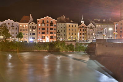 Buildings lit up at night