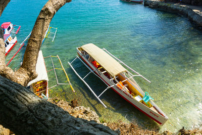 High angle view of ship moored on sea