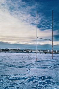 Snow covered land against sky