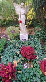 View of statue by flower plants