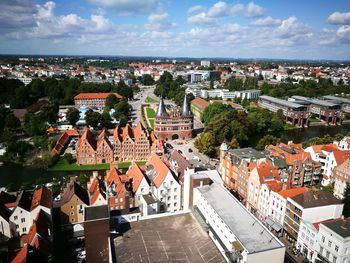 High angle shot of townscape against sky