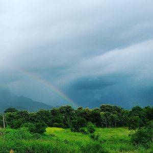 Scenic view of rainbow over landscape against sky