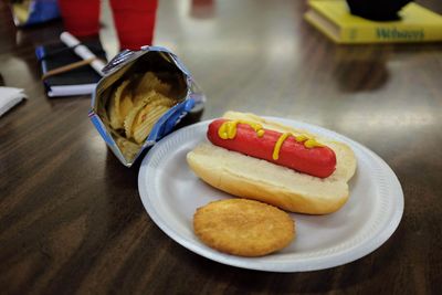 Close-up of hot dog on table