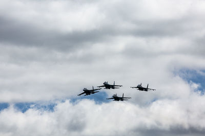 Low angle view of fighter planes flying against cloudy sky