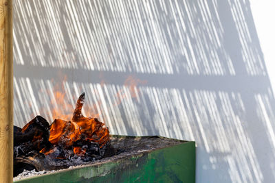 Close-up of bonfire on barbecue grill