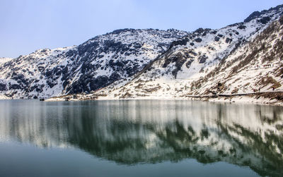 Scenic view of snowcapped mountains against clear sky