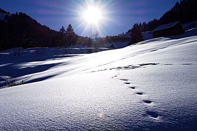 Snow covered field against sky