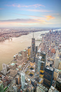 High angle view of city buildings during sunset