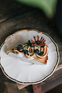 High angle view of dessert in plate on table