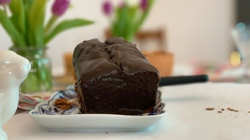 Close-up of dessert in plate on table